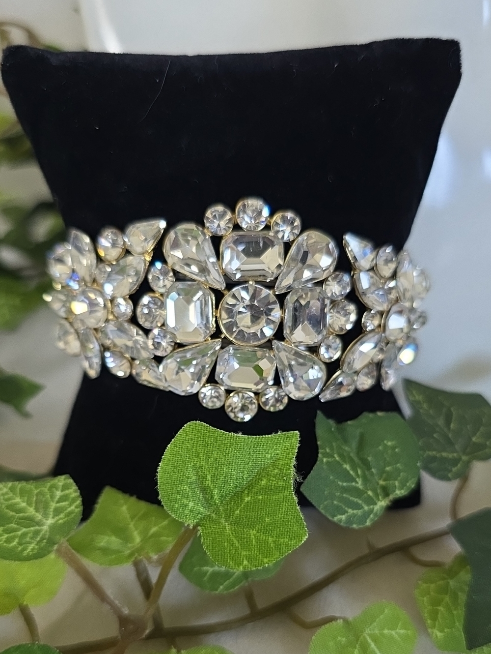 Gold Multi Cut Crystal Stretch Bracelet Wide Rhinestone Cluster Formal